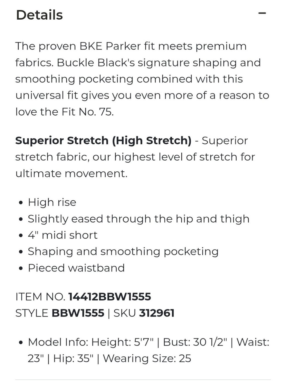 Buckle Black Fit 75 High Rise Shorts Sz 32 Style BBW1555 Fits Sz 14 - Picture 7 of 11